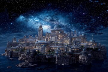 Stunning Fantasy Cityscape at Night with Stars and Illuminated Buildings Surrounded by Water and a Cosmic Sky