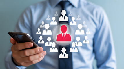 Dynamic business leader using smartphone to manage team connections and growth strategies in a modern digital world