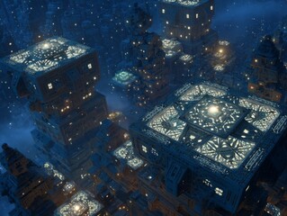 Fototapeta premium Futuristic Cityscape with Illuminated Structures and Shimmering Particles Under a Starry Night Sky