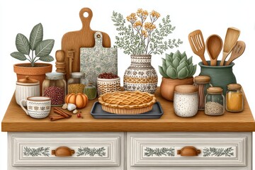 Rustic Autumn Kitchen Still Life with Pie and Herbs