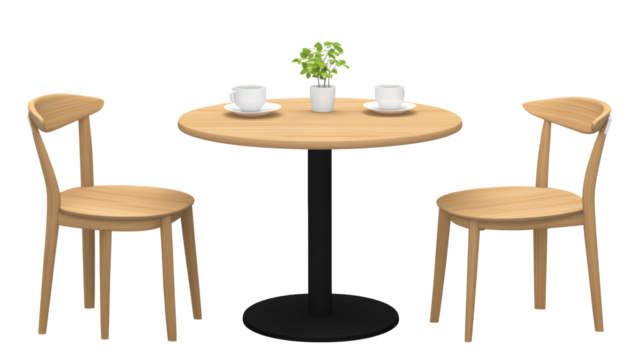 Cozy wooden table setup with two chairs and decorative plant