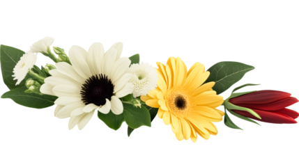 Bright floral arrangement with various colorful flowers and leaves