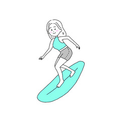 サーフィンする女性のイラスト
