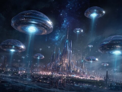 Futuristic cityscape with hovering UFOs and cosmic background showcasing advanced technology and extraterrestrial presence