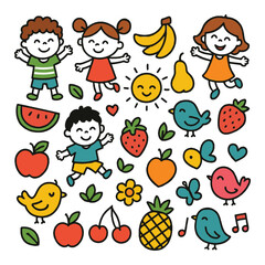 children and fruit icons set.