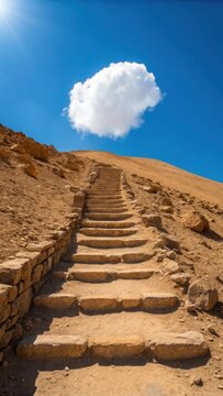 Ancient stone stairs ascend a sandy hill towards a bright blue sky with a single white cloud