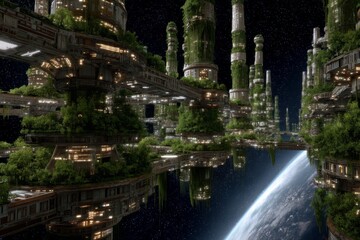 Obraz premium Futuristic cityscape with green structures and Earth in the background, showcasing advanced technology in a cosmic setting.