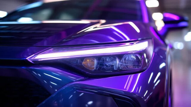 Modern purple car with glowing accents showcased in a futuristic setting during a night event