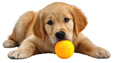 Playful Pup: A golden retriever puppy playfully clutches an orange ball, showcasing its adorable features and capturing the essence of puppyhood joy and innocence.