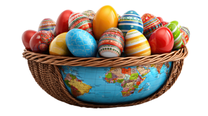 Easter Eggs' Globe Display: A vibrant collection of painted eggs overflows a woven basket resting atop a globe, blending festive cheer with a global perspective, a symbol of renewal and unity.