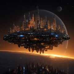 Obraz premium Futuristic cityscape with advanced architecture hovering above a planet during sunset