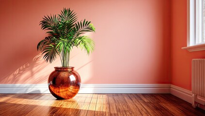 Sunlit room with palm plant