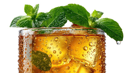 Refreshing Iced Tea with Mint: A close-up shot of an invigorating iced tea, adorned with sprigs of fresh mint and glistening ice cubes, offers a cool, inviting sensation