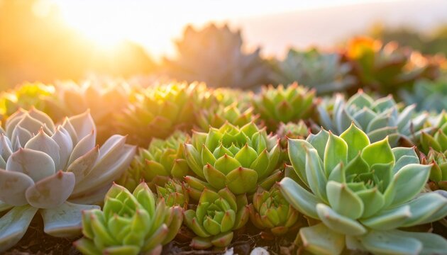 Sunset Succulents: A Close-Up of Vibrant Desert Plants bathed in Golden Hour Light
