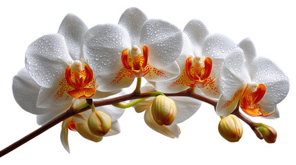Elegant Orchid Display: An enchanting display of pristine, white orchids, each bloom delicately adorned with dew, showcases natural beauty and serenity.
