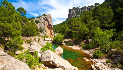 Verdant River Valley with Rocky Outcrops and Azure Sky, a Serene Landscape