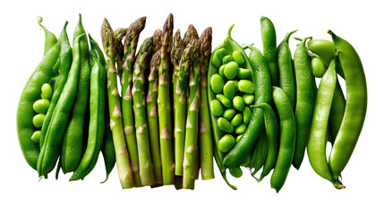 Fresh Greens: A vibrant assortment of crisp asparagus, snow peas and garden peas, offering a natural tableau of textures and hues for healthy and appetizing delights.