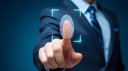 Professional businessman activating advanced fingerprint biometric security for secure access and identity verification in a modern digital world