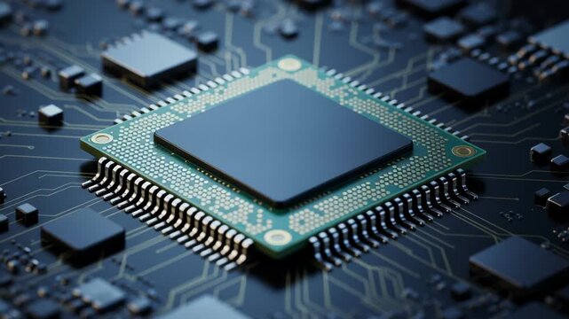 Microchip edge technology circuit board closeup showing electronic connection and advanced computing power modern computing device with microchip
