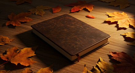 Autumnal reflections brown book amidst fallen leaves on wooden surface lit softly