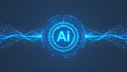 Glowing ai symbol in a futuristic circle with digital energy waves on a blue background design