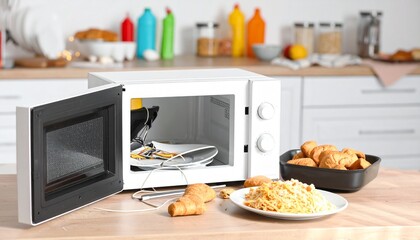 Microwave open with food items