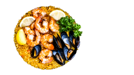 Seafood paella with shrimp and mussels on a transparent background