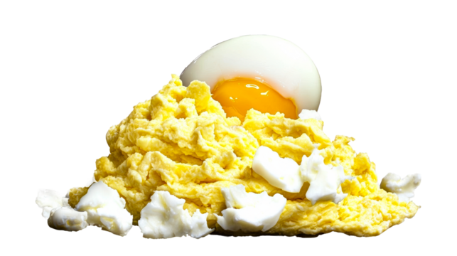 Scrambled eggs with a soft boiled egg on a transparent bg