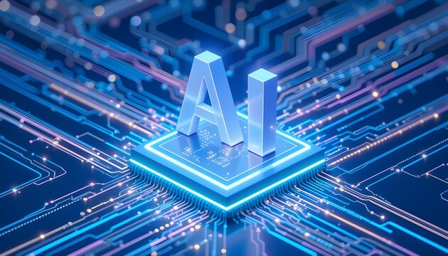 Artificial intelligence ai letters on a glowing chip with circuit board pattern background design - Powered by Adobe