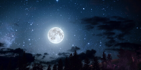 Naklejka premium night landscape with moon and clouds