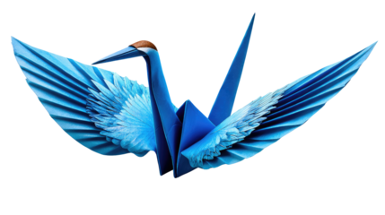 Blue Origami Crane: An elegant origami crane crafted from azure paper, poised in mid-flight with wings spread wide, epitomizes the spirit of balance, peace, and creative expression.