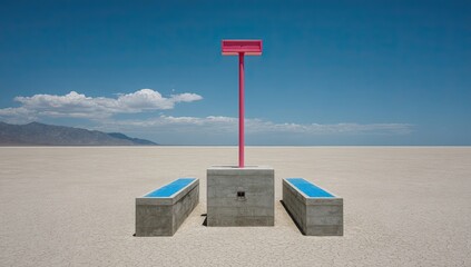 Pink sign post and concrete benches in a vast, white desert