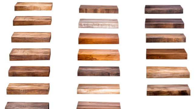 Diverse wooden blocks arranged in a grid with a transparent background