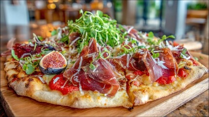 Gourmet pizza with fig, prosciutto