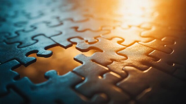 Close-up of interlocking puzzle pieces with warm lighting highlighting texture