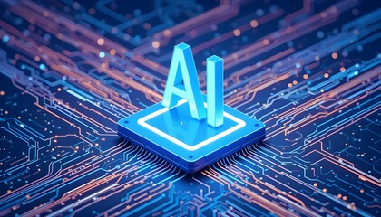 Artificial intelligence concept with ai text on a chip and circuit board background design element
