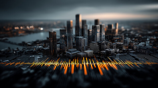 Futuristic Cityscape with Digital Stock Charts - 4K High-Resolution Cyber Background - Blurred Bokeh Lights with Waveform Overlay - Modern Financial Data Visualization