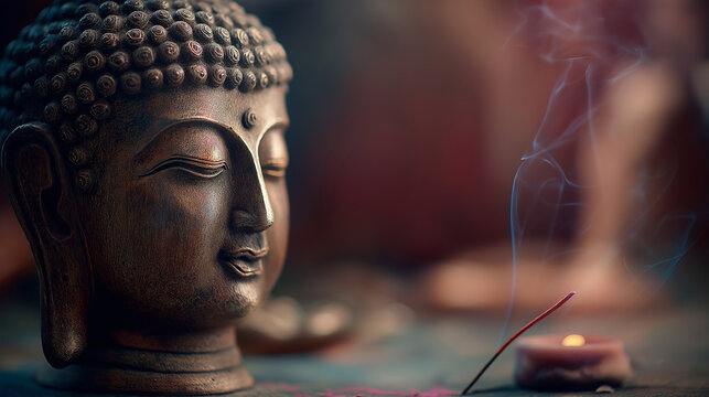 Close up of a buddha statue with incense burning in the background light