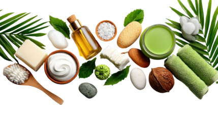 Spa Products and Elements: A curated collection of spa elements and organic products, including soaps, oils, creams, salts, and lotions.