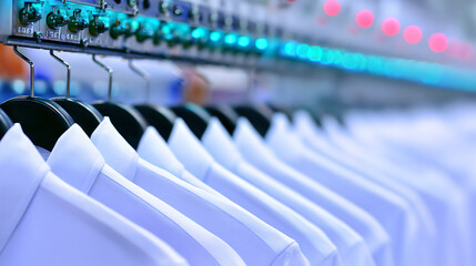 A long line of white shirts on hangers moves along a production line.
