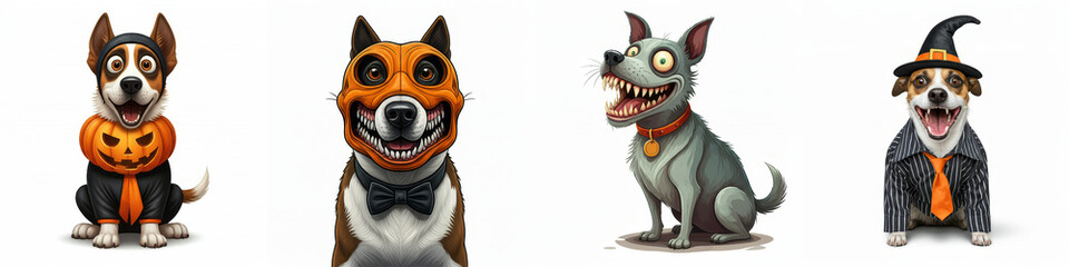 Fototapeta premium Canine Halloween Costumes Collection - Four adorable dogs in Halloween costumes, symbolizing fun, festivity, creativity, playfulness, and spooky season.