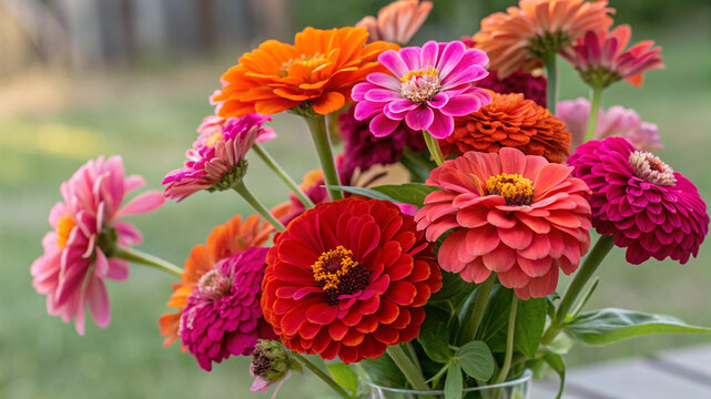 Beautiful zinnia flowers bouquet colorful blossom garden floral bloom petal vivid decorative elegance vibrant