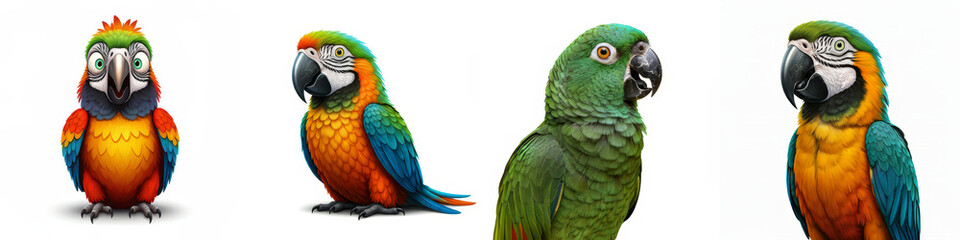 Fototapeta premium Colorful Parrot Collection - Four vibrant parrots, each showcasing unique plumage, set against a pure white background. Ideal for pet, wildlife, or nature themes