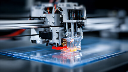 Fototapeta premium A close-up of a 3D printer nozzle creating an object on a blue surface. 