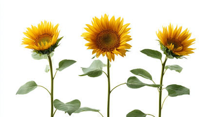 Obraz premium Three sunflowers with vibrant yellow petals and green leaves on white background
