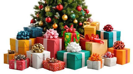 Festive Christmas Gifts: A collection of brightly wrapped presents sits beneath a decorated Christmas tree, evoking feelings of joy, excitement, and anticipation for the holiday season. 