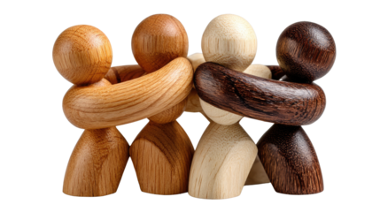 Wooden Figures Embracing: A conceptual wooden figure ensemble, representing togetherness, inclusion, and the bonds that tie us together, is artfully presented in a studio shot.