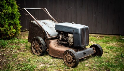 Old rusty vintage lawnmower on grass