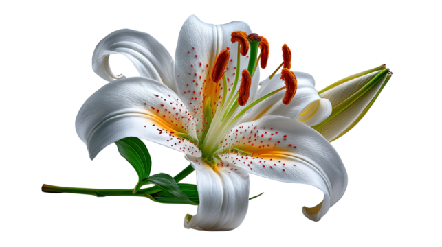 Graceful Lily Blossom: A pristine white lily, gracefully unfurling its delicate petals, speckled with gentle orange and adorned with vibrant stamen, emerges against a clean backdrop.