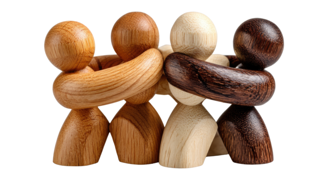 Wooden Figures Embracing: A conceptual wooden figure ensemble, representing togetherness, inclusion, and the bonds that tie us together, is artfully presented in a studio shot.